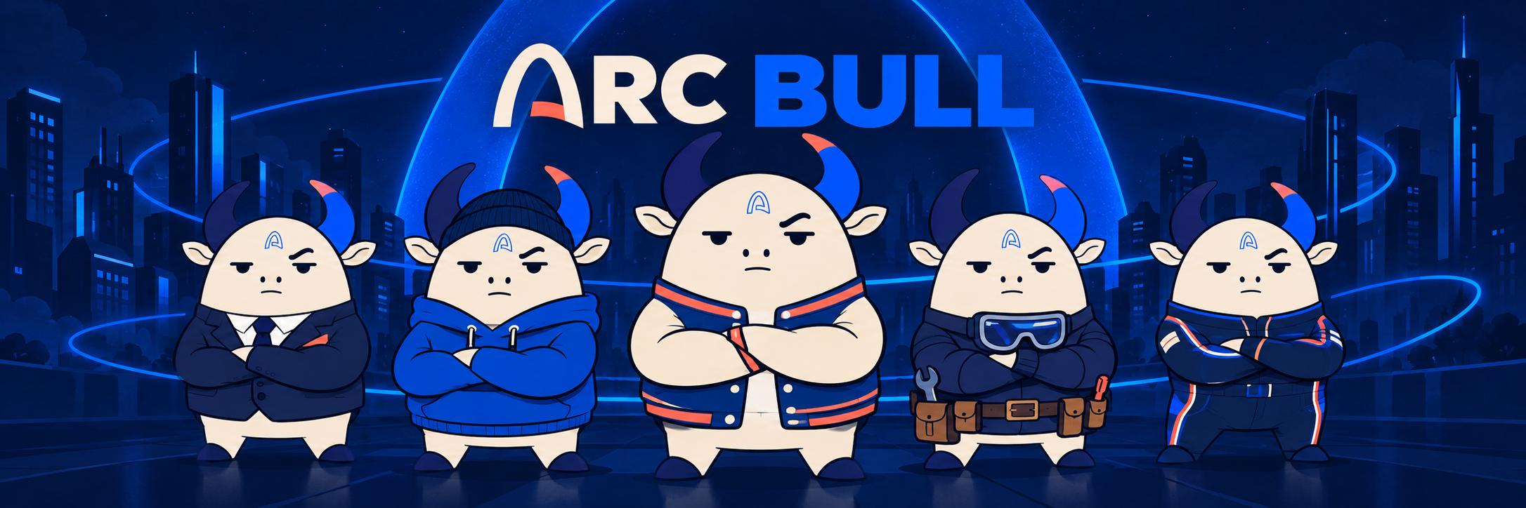 Five Arc Bull characters dressed as a suit, hoodie degen, varsity captain, builder and runner